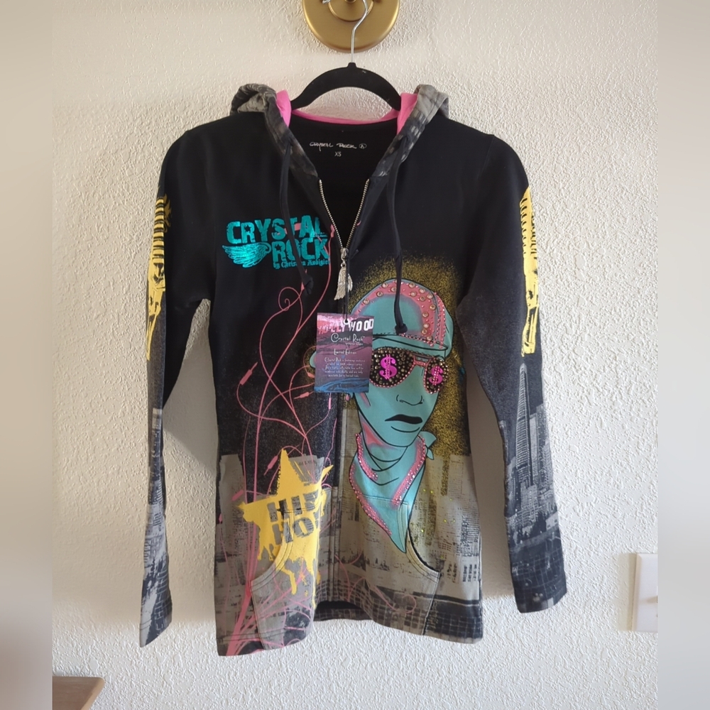Crystal Rock Jacket Women XS Y2K Hip Hop Rhinestone Hoodie Christian Audigier